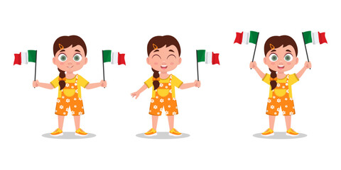 Girl holding the flag of Italy in her hand. Vector illustration