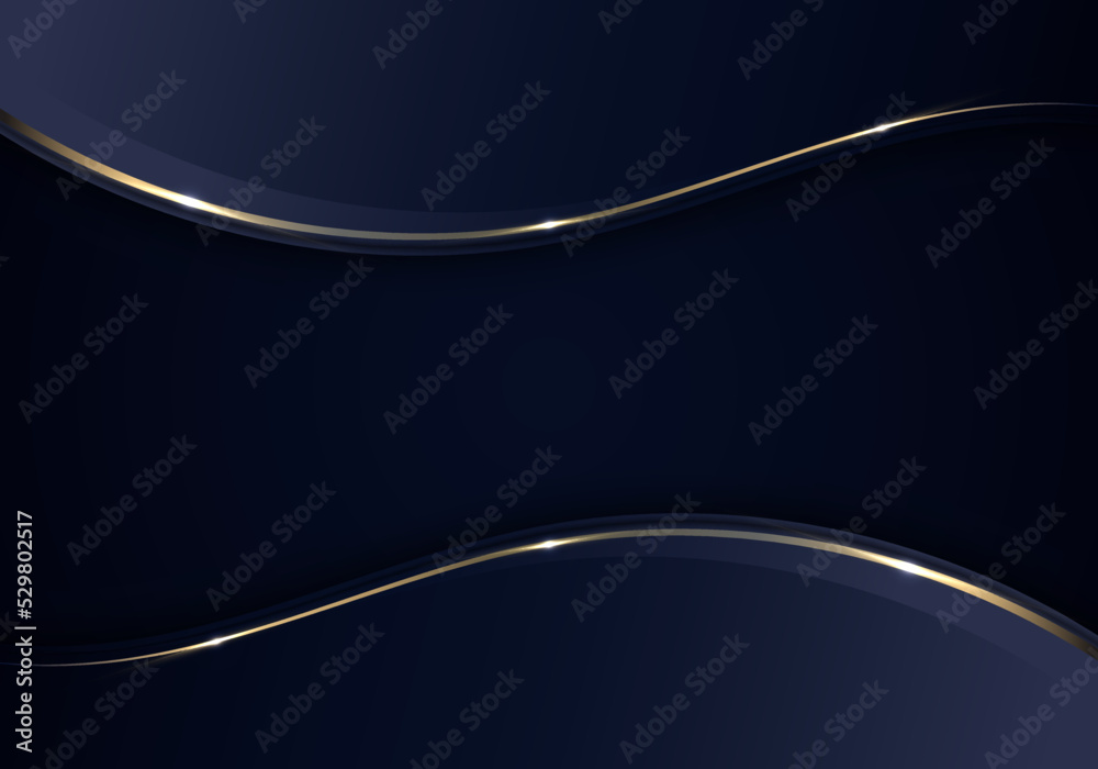 Wall mural banner web template abstract blue and golden wave curved lines overlapping layer design on dark blue