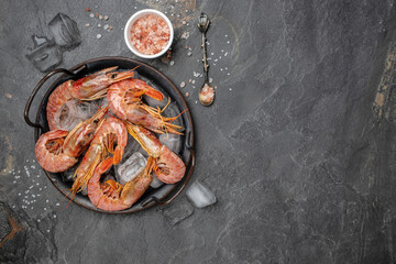 Shrimps, prawns. Seafood Red Argentine shrimps with ice, Wild shrimps, ocean jumbo shrimps. banner,...
