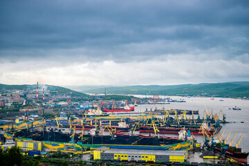 View of the seaport of the city of Murmansk. Far North, Russia
