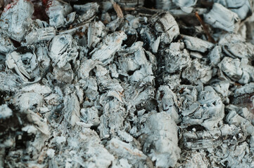 Coal after fire, after cooking kettle goulash, detail, beautiful grey background, 