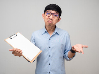 Asian businessman with document board gesture confused and doubt isolated