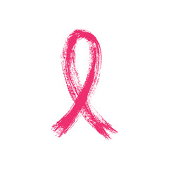 Pink ribbon drawn by hand with rough brush. Breast cancer awareness symbol. Paint, sketch, graffiti.