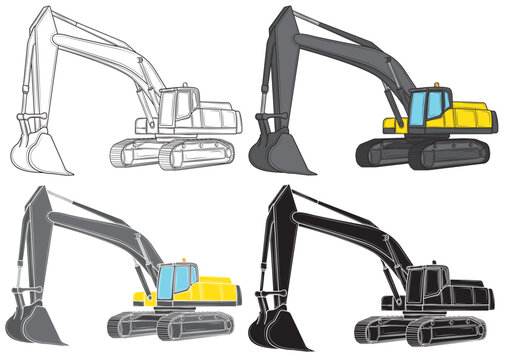 Set of Excavator with a raised bucket in isolate on a white background.Construction machinery. Vector illustration.