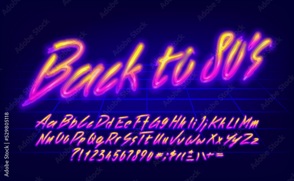 Fototapete back to 80s alphabet font. hand drawing glowing letters, numbers and punctuations. uppercase and low