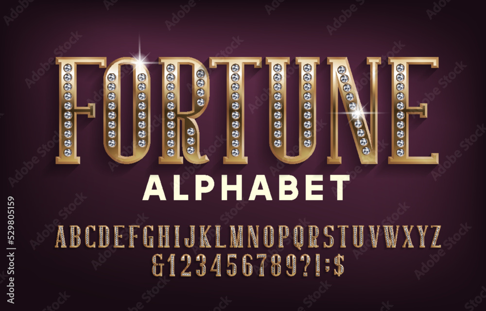Fototapete fortune alphabet font. gold letters and numbers encrusted with diamonds. stock vector typeset for yo