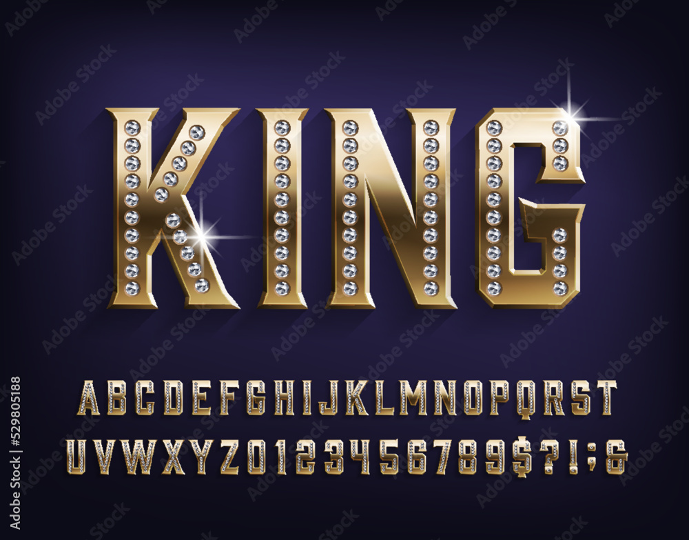 Fototapete king alphabet font. golden letters and numbers with diamonds gemstones. stock vector typeset for you