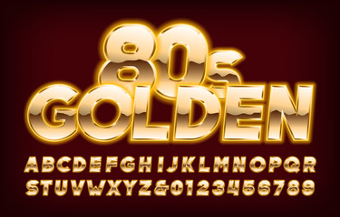 Golden 80s alphabet font. Glowing letters and numbers. Stock vector typescript for your typography in retro 80s style.