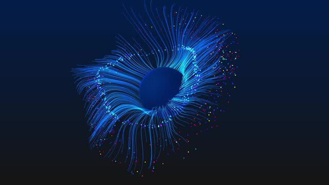 Blue futuristic stream. Digital data flow. Creative abstract background. Dynamic particles with power rays and light.