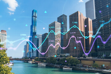 Panorama cityscape of Chicago downtown and Riverwalk, boardwalk with bridges at day time, Illinois, USA. Forex graph hologram. The concept of internet trading, brokerage and fundamental analysis