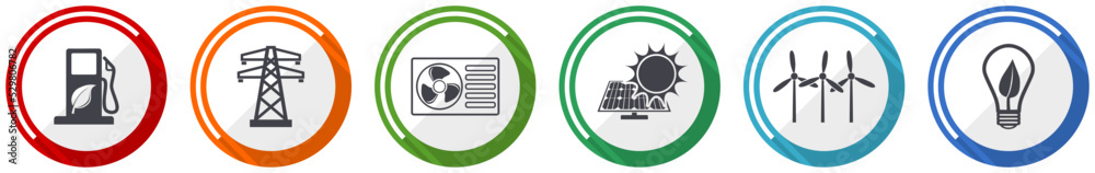 Poster renewable energy vector icon set, flat design circle web buttons, technology concept illustration