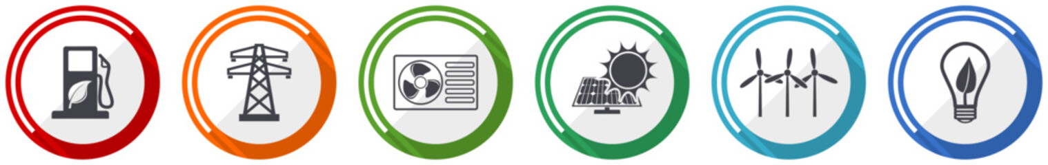 Renewable energy vector icon set, flat design circle web buttons, technology concept illustration