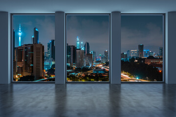 Empty room Interior Skyscrapers View Malaysia. Downtown Kuala Lumpur City Skyline Buildings from High Rise Window. Beautiful Expensive Real Estate overlooking. Night time. 3d rendering.