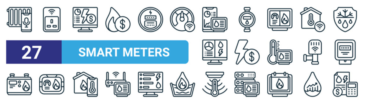 set of 27 outline web smart meters icons such as thermometer, plug, computer, water meter, bolt, meter, thermometer, document vector thin line icons for web design, mobile app.