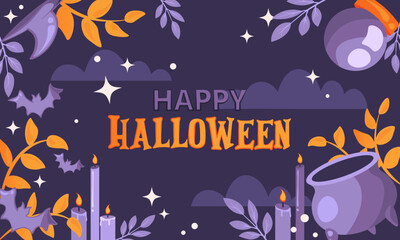 Halloween background. Purple Happy Halloween holiday greeting postcard. Halloween night, Magic witch hat, cauldron, Crystal Ball, bat and candles for your postcard, poster, banner or stickers.