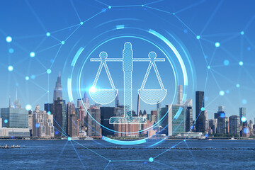 Fototapeta na wymiar New York City skyline, United Nation headquarters over the East River, Manhattan, Midtown at day time, NYC, USA. Glowing hologram legal icons. The concept of law, order, regulations, digital justice