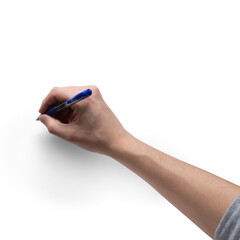 Hand writing with a blue pen and a semitransparent shadow