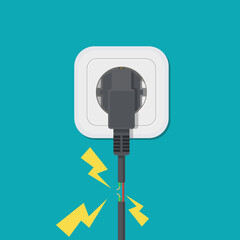 Electric short circuit. Faulty damaged cable. Fire from overload. Electrical safety concept. Vector illustration flat design.	