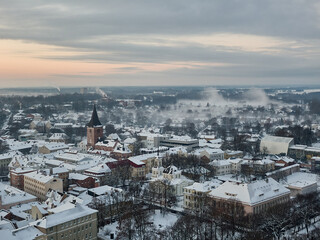 An aerial view of the city of Tartu, Estonia, on a winter day.