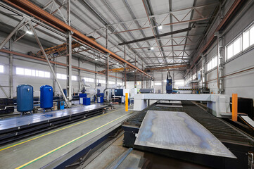 Metal sheets processing workshop with modern equipment