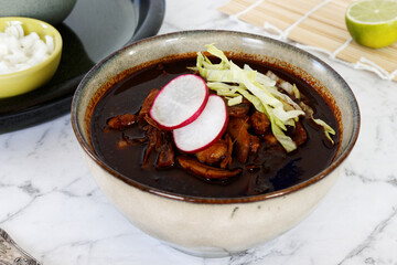 Vegan Pozole Rojo with with cacahuazintle, shredded jackfruit, mushrooms and dried chilies:...