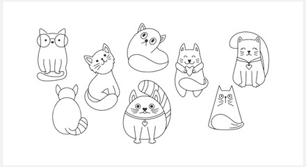 Doodle cat set clip art. Hand drawn art line. Sketch animal. Coloring page book. Vector stock illustration. EPS 10