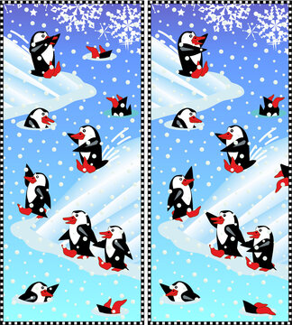 Difference game with playful penguins: Find the ten differences.
