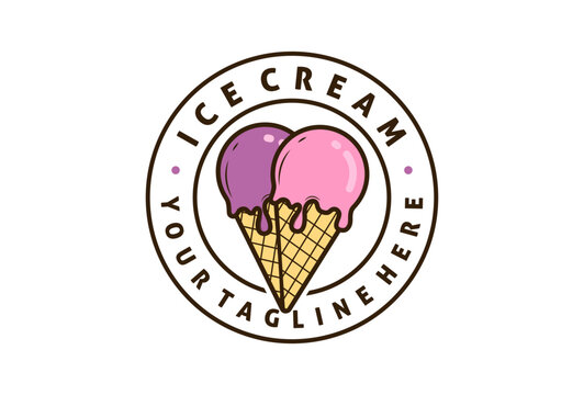 Ice cream logo design with scoops and waffle cone. Italian ice cream emblem illustration