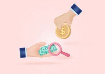 3D cartoon hand passes coin exchange via banknote.magnifying business and financial planning ideas.Minimal icon.