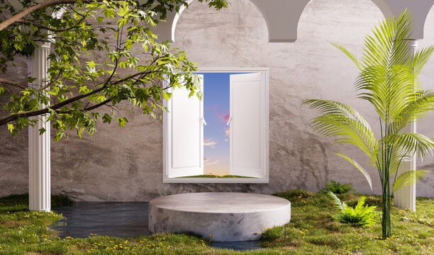 loft podium with loft wall style with white opened door with sunset, 3d illustration rendering
