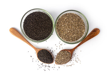 Chia seeds and basil seeds bowl with wooden spoon isolated