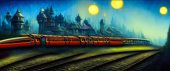 Artistic concept painting of a beautiful train, background illustration.