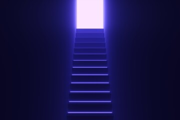 stairs to the glowing door business concept success neon self illumination background 3D illustration