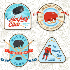 Ice Hockey club logo, badge, embroidered patch. Concept for shirt or logo, print, stamp or tee. Winter sport. Vintage typography design with player, sticker, puck and skates silhouette. Vector.