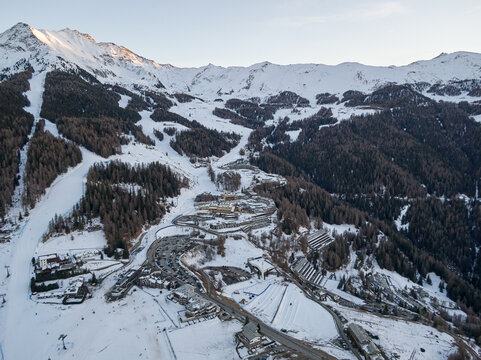 An aerial view of the town of Pila in Aosta Valley. Skiing and snowboarding destination in Italy