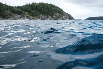 Sea waves on the water, against the background of rocks with trees and a cloudy sky. Bottom view.