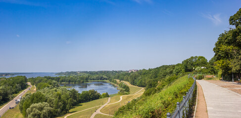 Panorama of the boulevard on the hill at the Wisla river in Plock, Poland