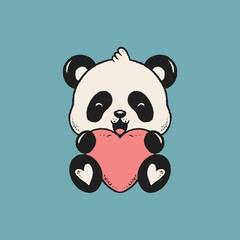 Cute Panda Holding Love Vintage Illustration