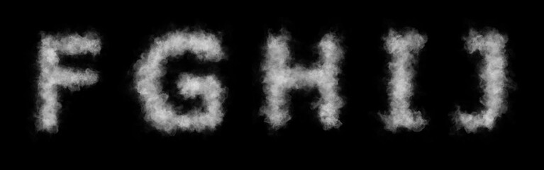 Font of smoke or cloud. Letters F,G,H,I,J. Abstract smoke or clouds text. Isolated white letters on black background. © naddi