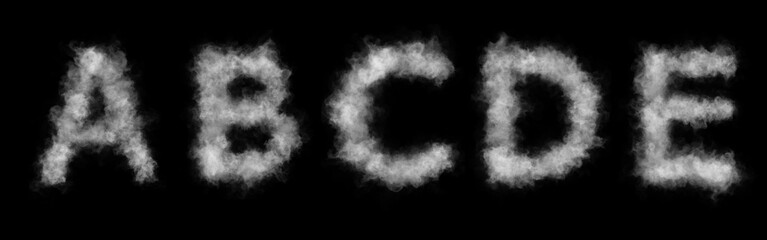Font of smoke or cloud. Letters A,B,C,D,E. Abstract smoke or clouds text. Isolated white letters on black background. - obrazy, fototapety, plakaty