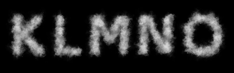 Font of smoke or cloud. Letters K,L,M,N,O.  Abstract smoke or clouds text. Isolated white letters on black background. © naddi