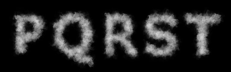Font of smoke or cloud. Letters P,Q,R,S,T.  Abstract smoke or clouds text. Isolated white letters on black background. © naddi