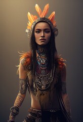 3d illustration of aztec woman warrior with crown of feathers - obrazy, fototapety, plakaty