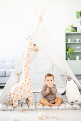 a baby boy in a bright children's playroom with a wigwam and a giraffe playing with wooden toys...