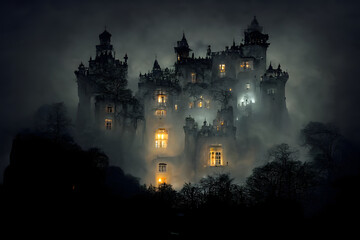 large haunted castle with many illuminated windows at spooky misty dark halloween night, neural network generated art. Digitally generated image. Not based on any actual scene or pattern. - obrazy, fototapety, plakaty