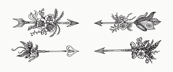 Arrows collection with flowers and  feathers, simple doodle drawing, gravure style - 529815194