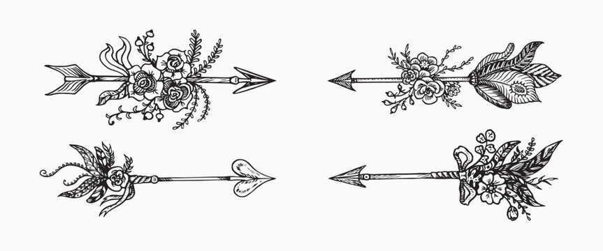 Arrows collection with flowers and  feathers, simple doodle drawing, gravure style