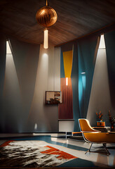 mid century modern style interior, neural network generated art. Digitally generated image. Not based on any actual scene or pattern. - obrazy, fototapety, plakaty