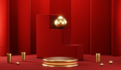 3D rendering of blank product background for cream cosmetics Modern red podium background