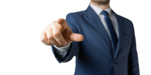Businessman touches a virtual button, focus on a finger, transparent background